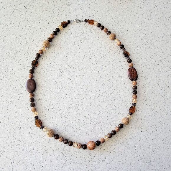 Artisan Wood, Amber & Fish Seed Agate Beaded Convertible Necklace or Bracelet - Picture 2 of 13